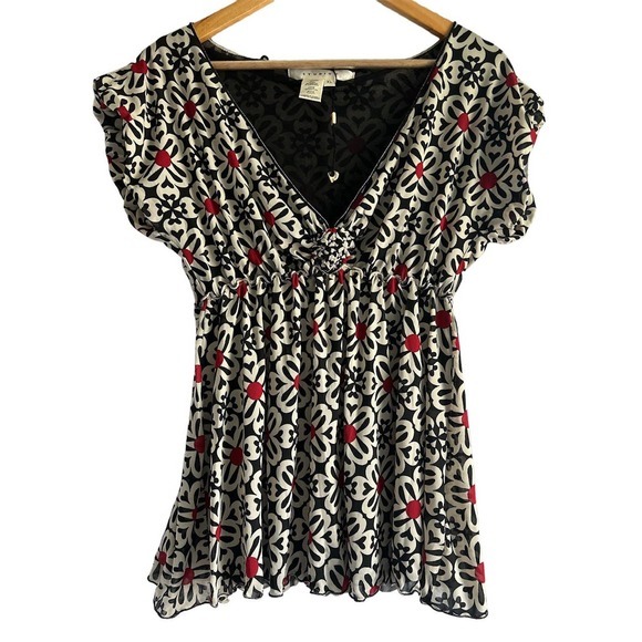 Max Studio Tops - Max Studio Size XL Artsy Mesh Nylon V Neck Blouse Black Red‎ White